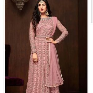 Embroidered net abaya style suit in pink